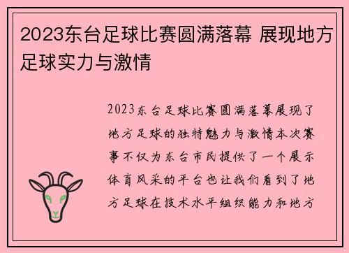 2023东台足球比赛圆满落幕 展现地方足球实力与激情