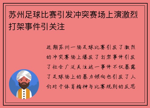 苏州足球比赛引发冲突赛场上演激烈打架事件引关注