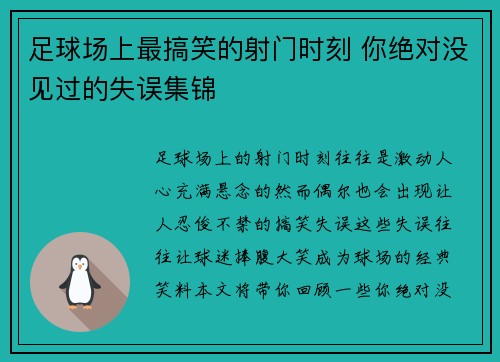 足球场上最搞笑的射门时刻 你绝对没见过的失误集锦