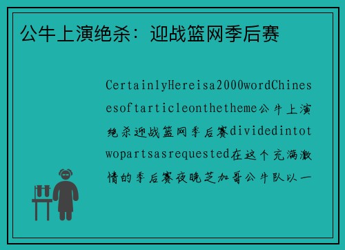 公牛上演绝杀：迎战篮网季后赛