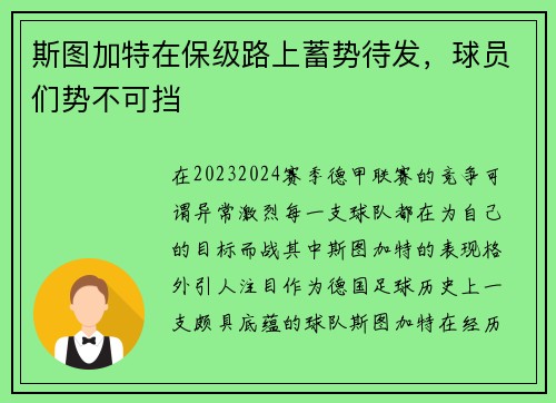 斯图加特在保级路上蓄势待发，球员们势不可挡