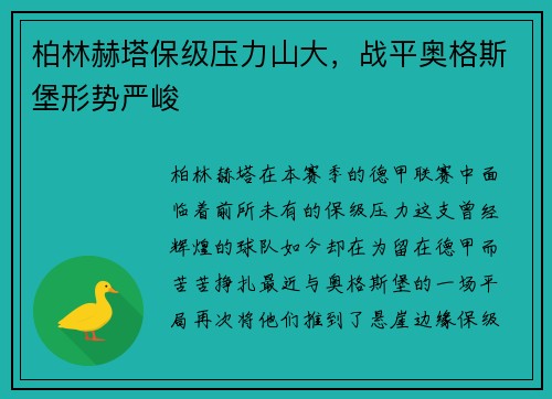 柏林赫塔保级压力山大，战平奥格斯堡形势严峻