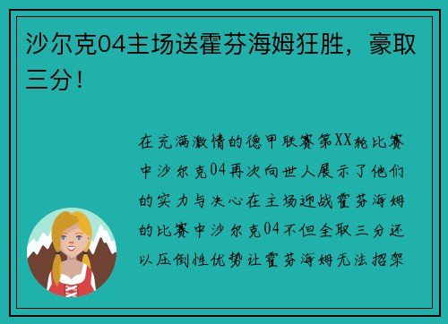 沙尔克04主场送霍芬海姆狂胜，豪取三分！