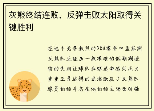 灰熊终结连败，反弹击败太阳取得关键胜利
