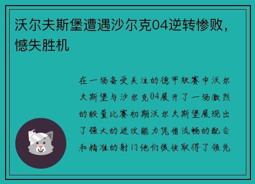 沃尔夫斯堡遭遇沙尔克04逆转惨败，憾失胜机