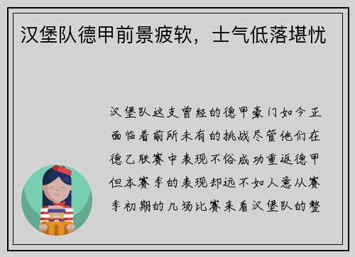 汉堡队德甲前景疲软，士气低落堪忧