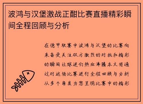 波鸿与汉堡激战正酣比赛直播精彩瞬间全程回顾与分析