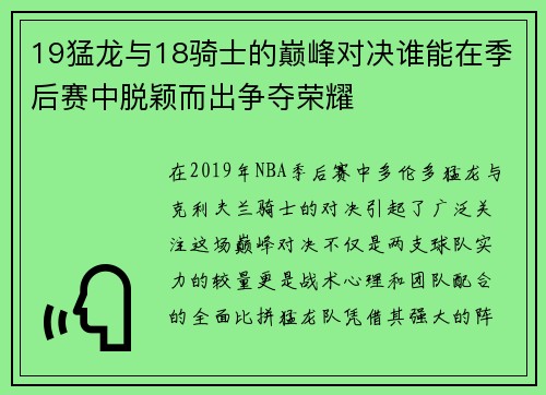 19猛龙与18骑士的巅峰对决谁能在季后赛中脱颖而出争夺荣耀