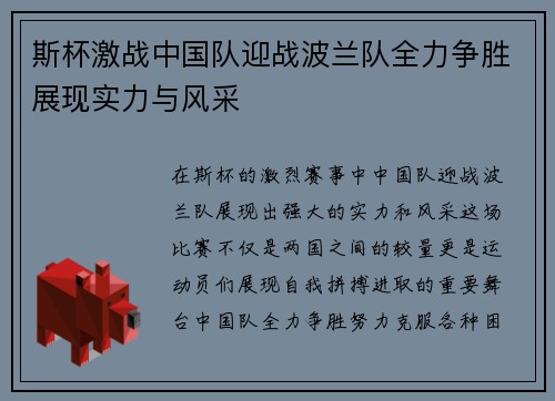 斯杯激战中国队迎战波兰队全力争胜展现实力与风采