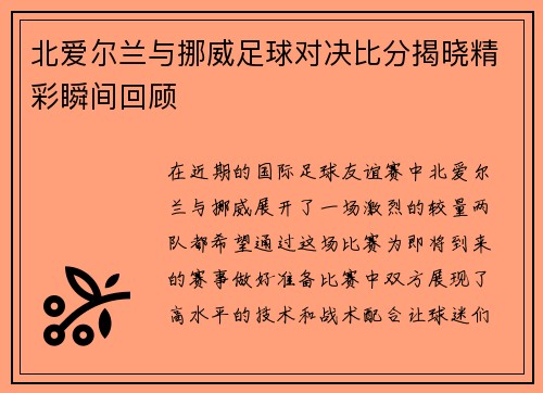 北爱尔兰与挪威足球对决比分揭晓精彩瞬间回顾