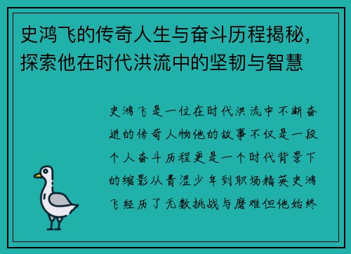 史鸿飞的传奇人生与奋斗历程揭秘，探索他在时代洪流中的坚韧与智慧