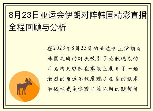 8月23日亚运会伊朗对阵韩国精彩直播全程回顾与分析