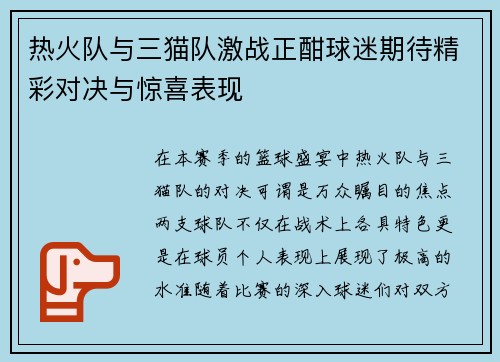 热火队与三猫队激战正酣球迷期待精彩对决与惊喜表现