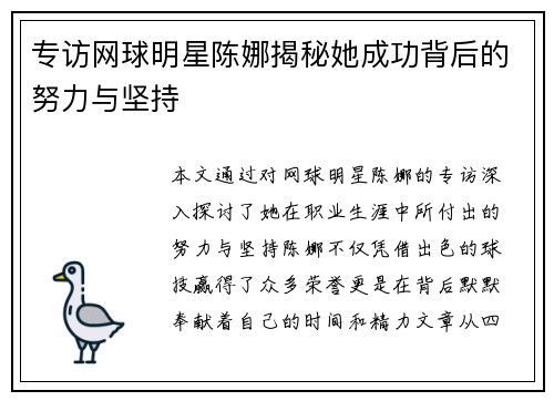 专访网球明星陈娜揭秘她成功背后的努力与坚持